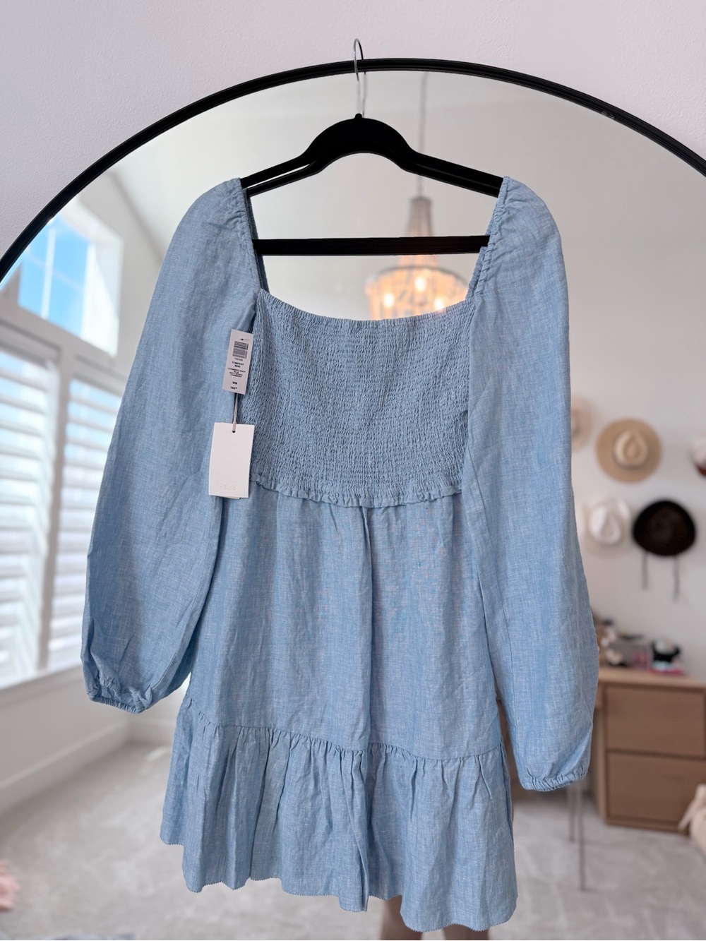 Aritzia Wilfred Light Blue Smocked Square-Yoke Long Sleeve Mini Dress